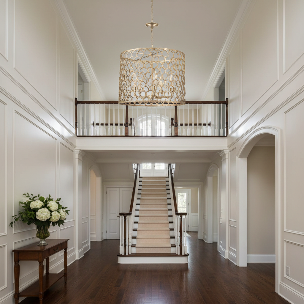 Luster Gaze Radiant Brass Ethereal Chandelier - elegant American entryway with arched doorway
