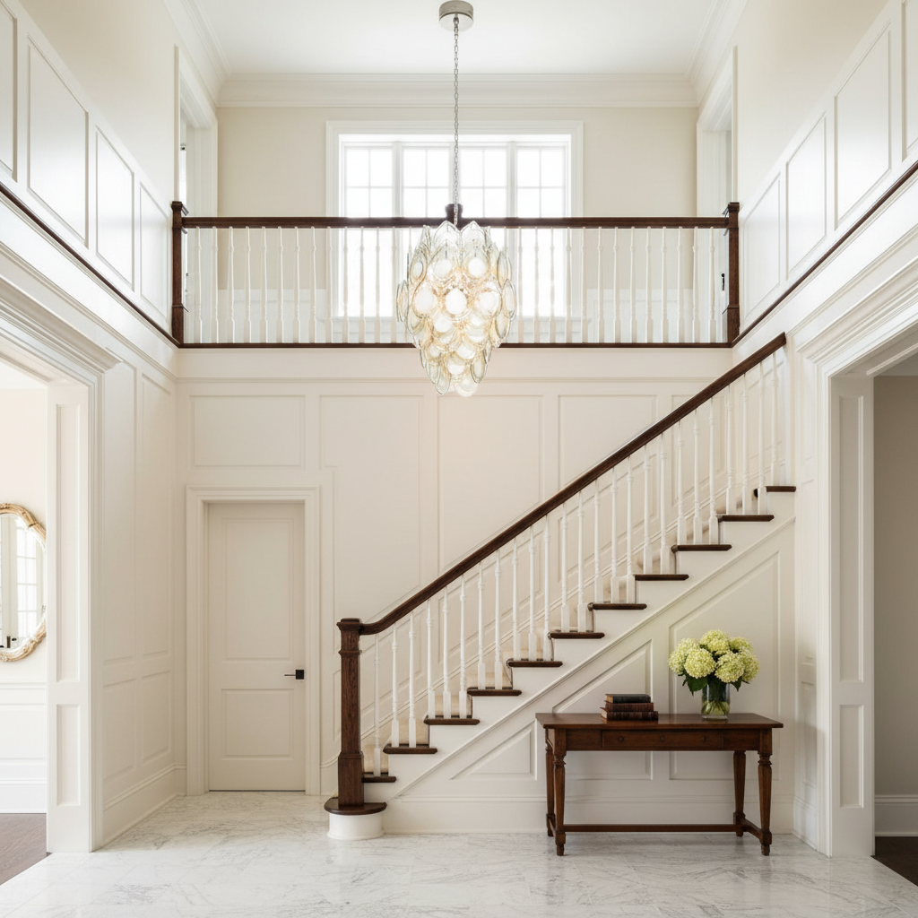 Luster Gaze Ethereal Cascade Chandelier - elegant American entryway with arched doorway