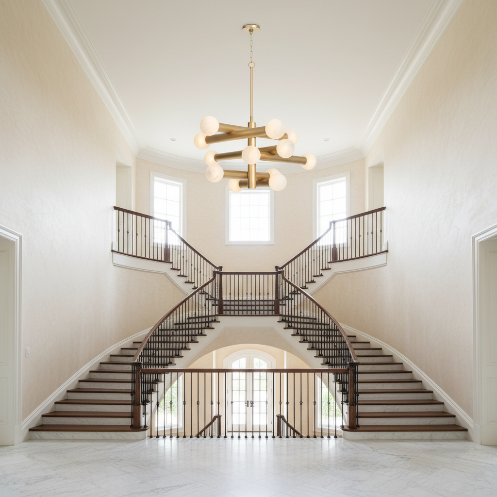 Luster Gaze Aura Grandeur Alabaster-Like Chandelier - dramatic American stairwell with soaring ceiling