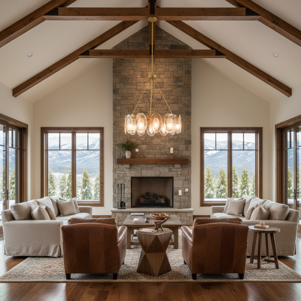 Luster Gaze Radiant Bloom 12-Light Chandelier - American transitional great room with cathedral ceiling