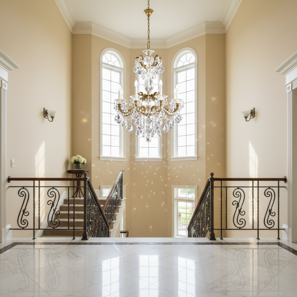 Luster Gaze Regal Bloom Grand Chandelier - dramatic American stairwell with soaring ceiling