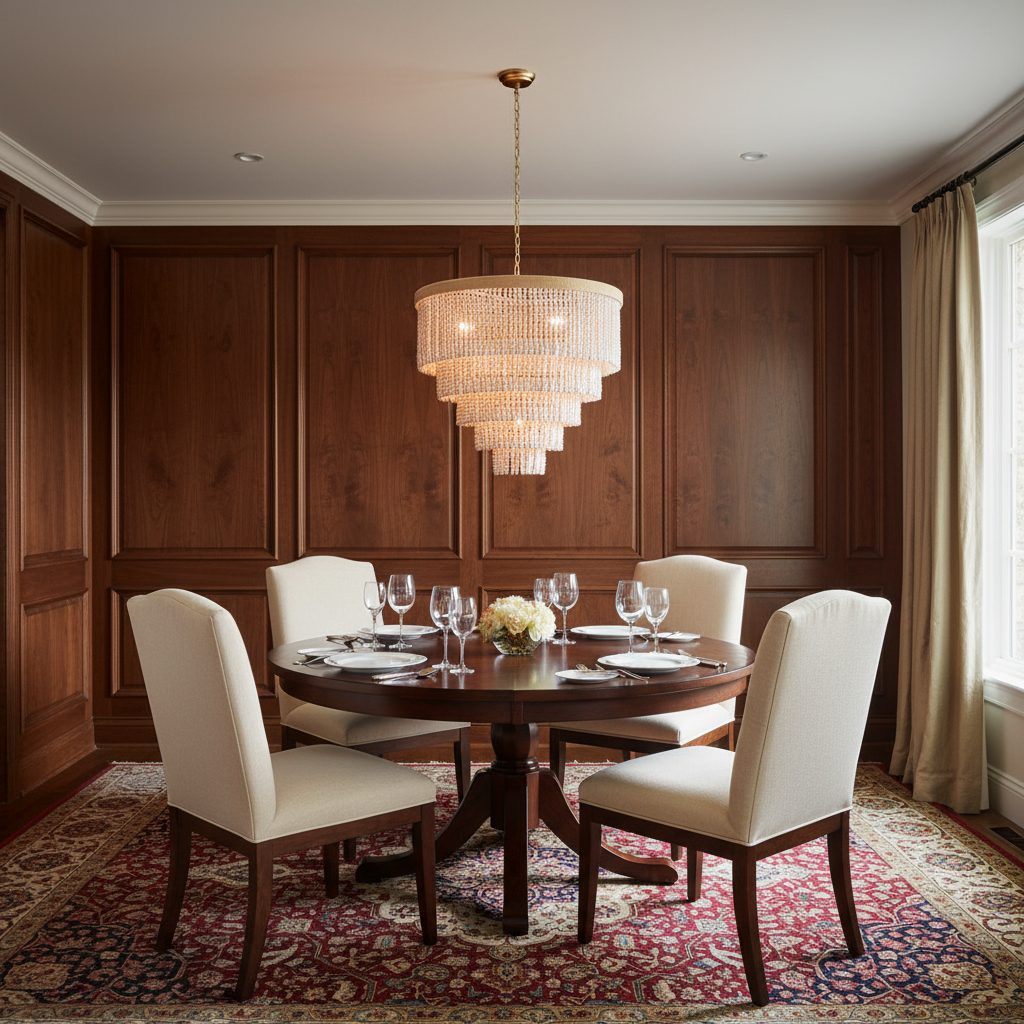Luster Gaze Coastal Radiance Tiered Chandelier - formal American dining room with high ceiling