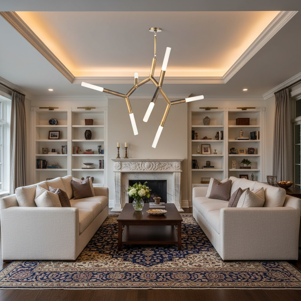 Luster Gaze Kinetic Arc 7-Light Chandelier - luxurious American living room with tray ceiling