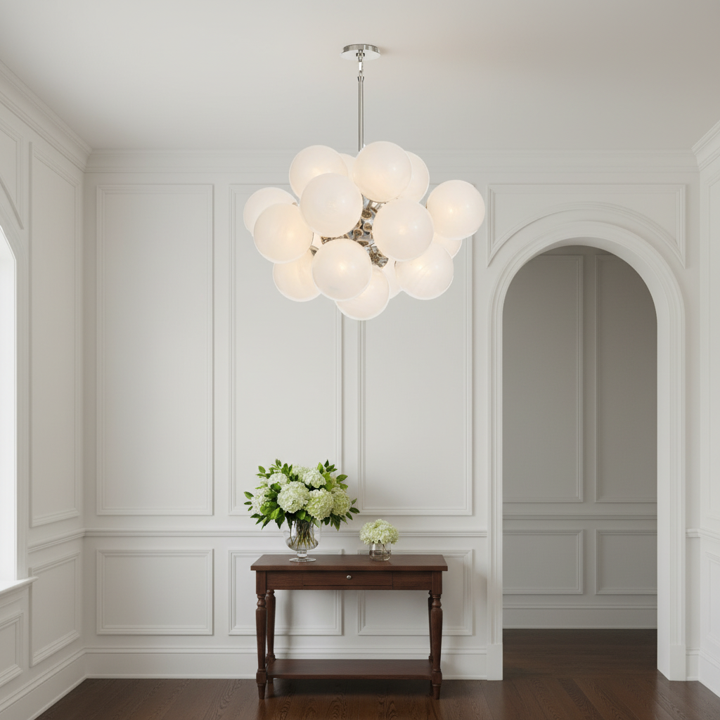 Luster Gaze Celestial Orb Nickel Chandelier - elegant American entryway with arched doorway