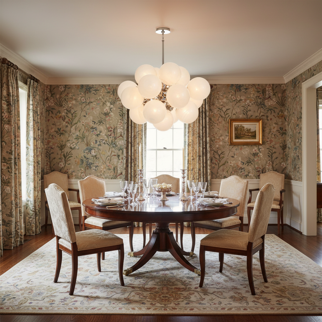 Luster Gaze Celestial Orb Nickel Chandelier - formal American dining room