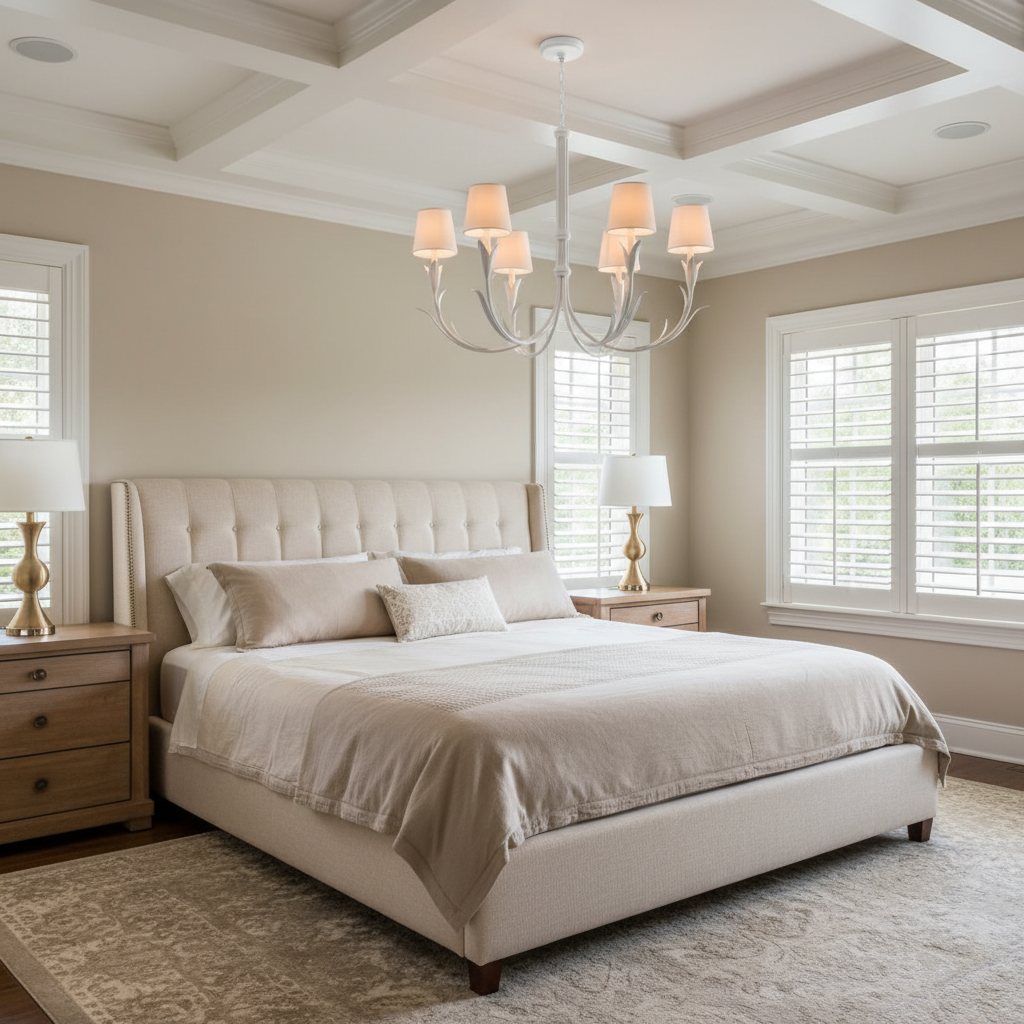 Luster Gaze Fontara White Reed Chandelier - American master bedroom with coffered ceiling