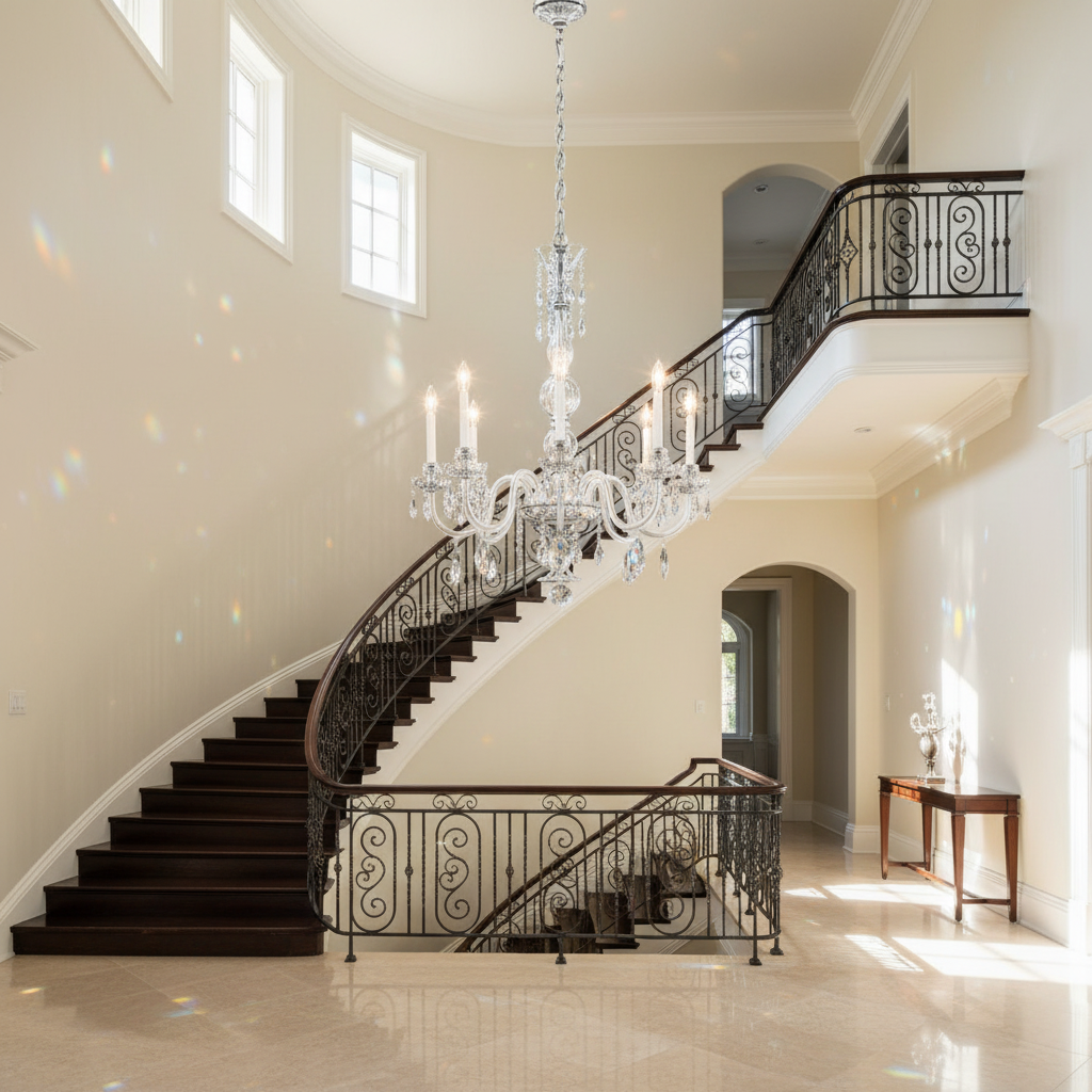 Luster Gaze Aura Grandeur 8-Light Chandelier - dramatic American stairwell with soaring ceiling