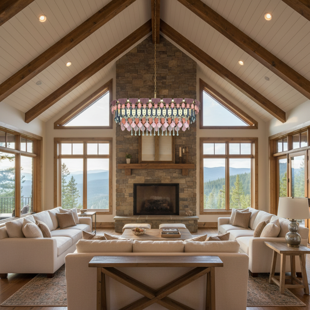 Luster Gaze Veridian Seasons Oval Chandelier - American transitional great room with cathedral ceiling