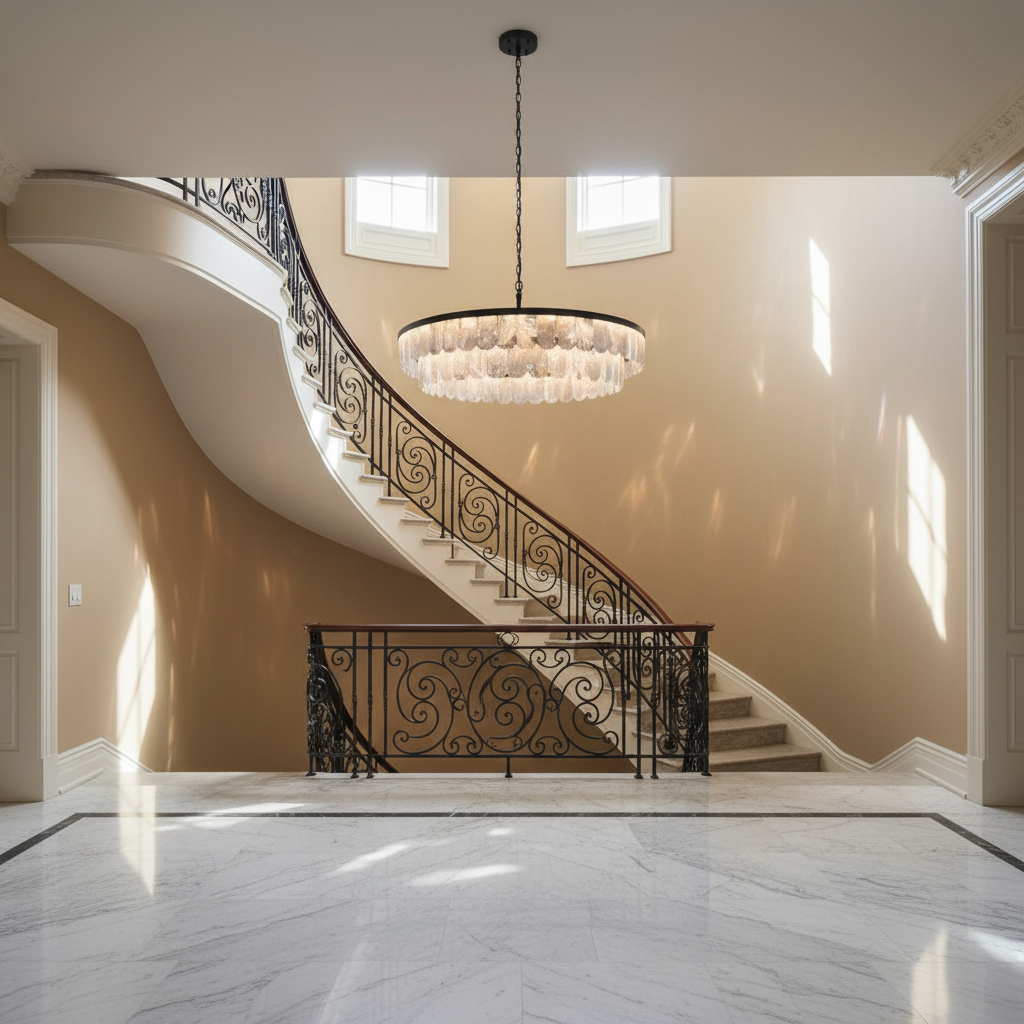Luster Gaze Grandeur Double Rock Crystal Chandelier - dramatic American stairwell with soaring ceiling