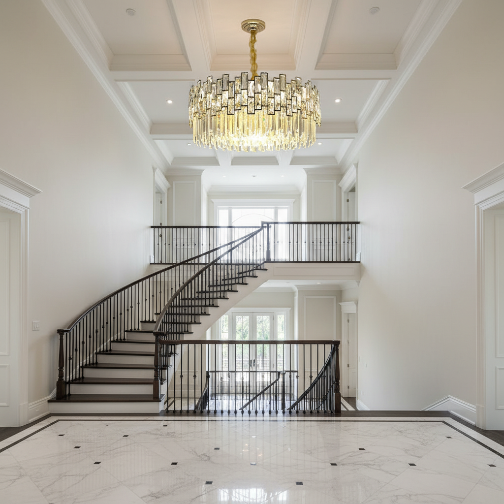 Luster Gaze Radiant Cascade Round Chandelier - dramatic American stairwell with soaring ceiling