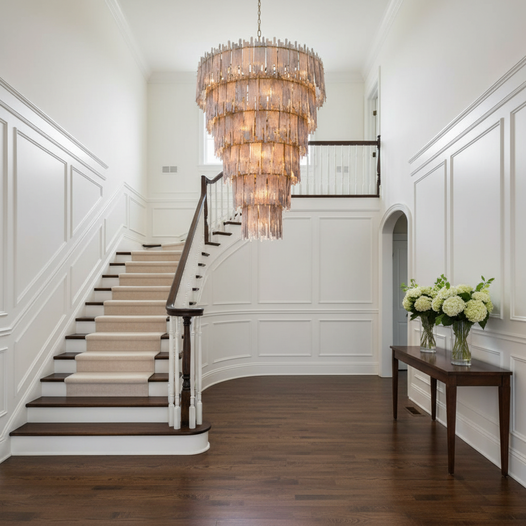 Luster Gaze Grand Lumina 35-Light Chandelier - elegant American entryway with arched doorway