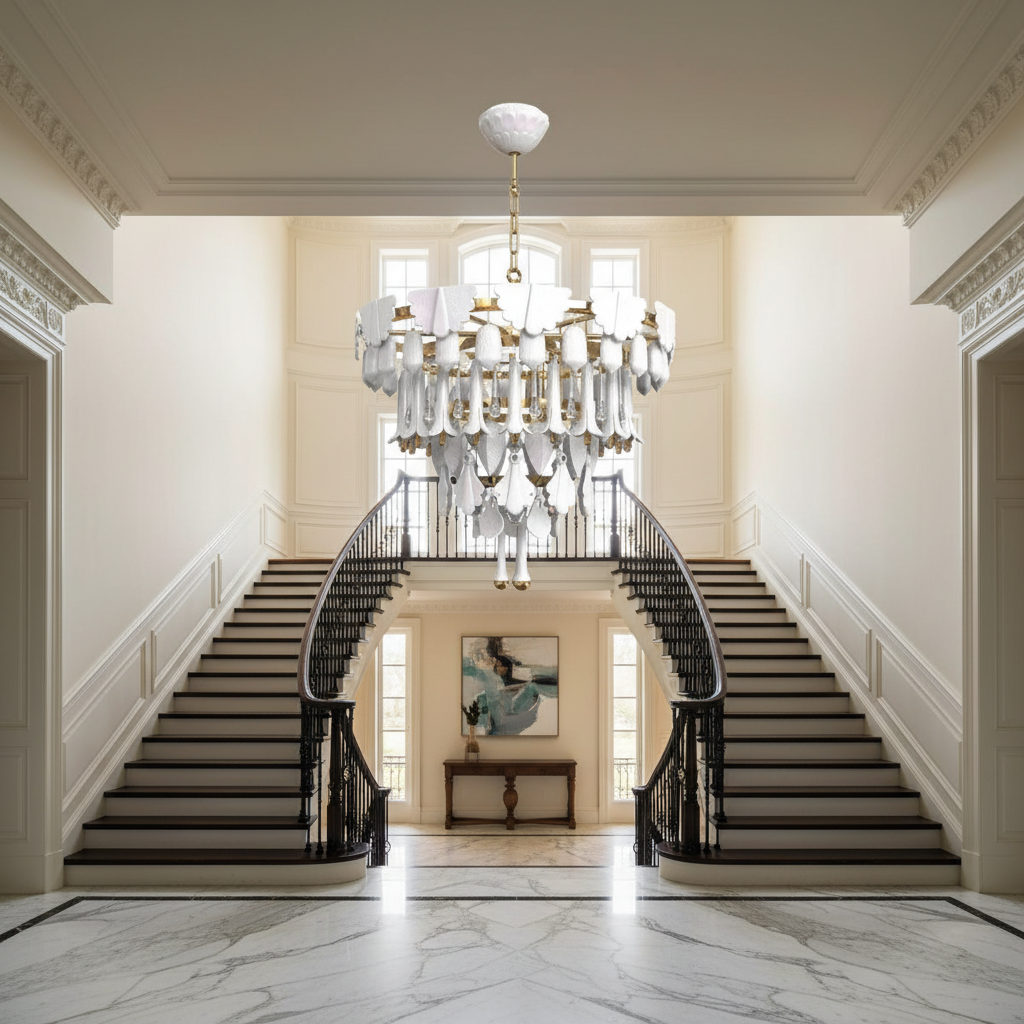 Luster Gaze Verdant Cascade Art Deco Chandelier - dramatic American stairwell with soaring ceiling