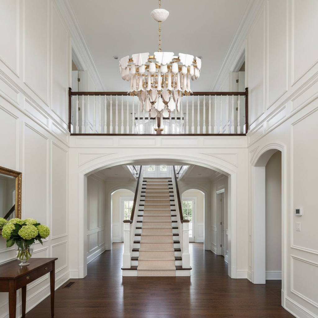 Luster Gaze Verdant Cascade Art Deco Chandelier - elegant American entryway with arched doorway