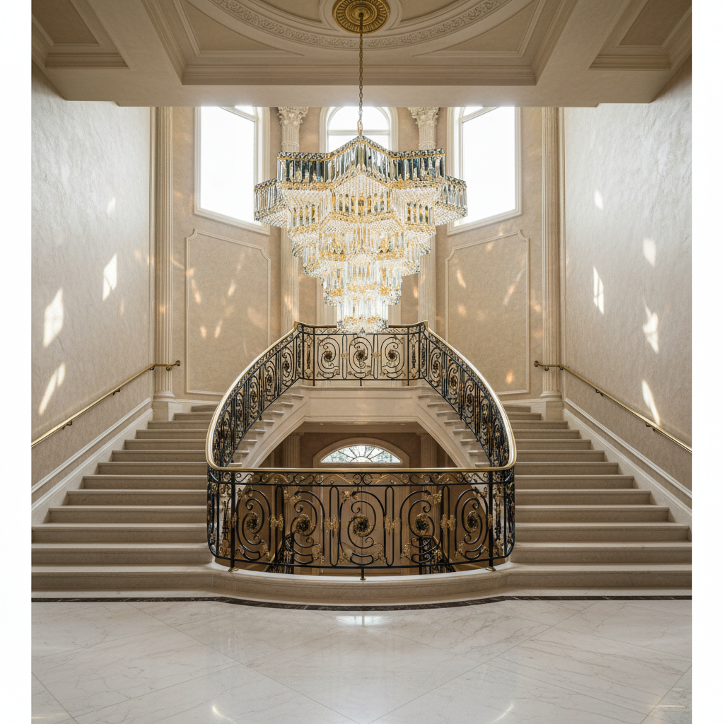 Luster Gaze Celestial Radiance Gold Chandelier - dramatic American stairwell with soaring ceiling
