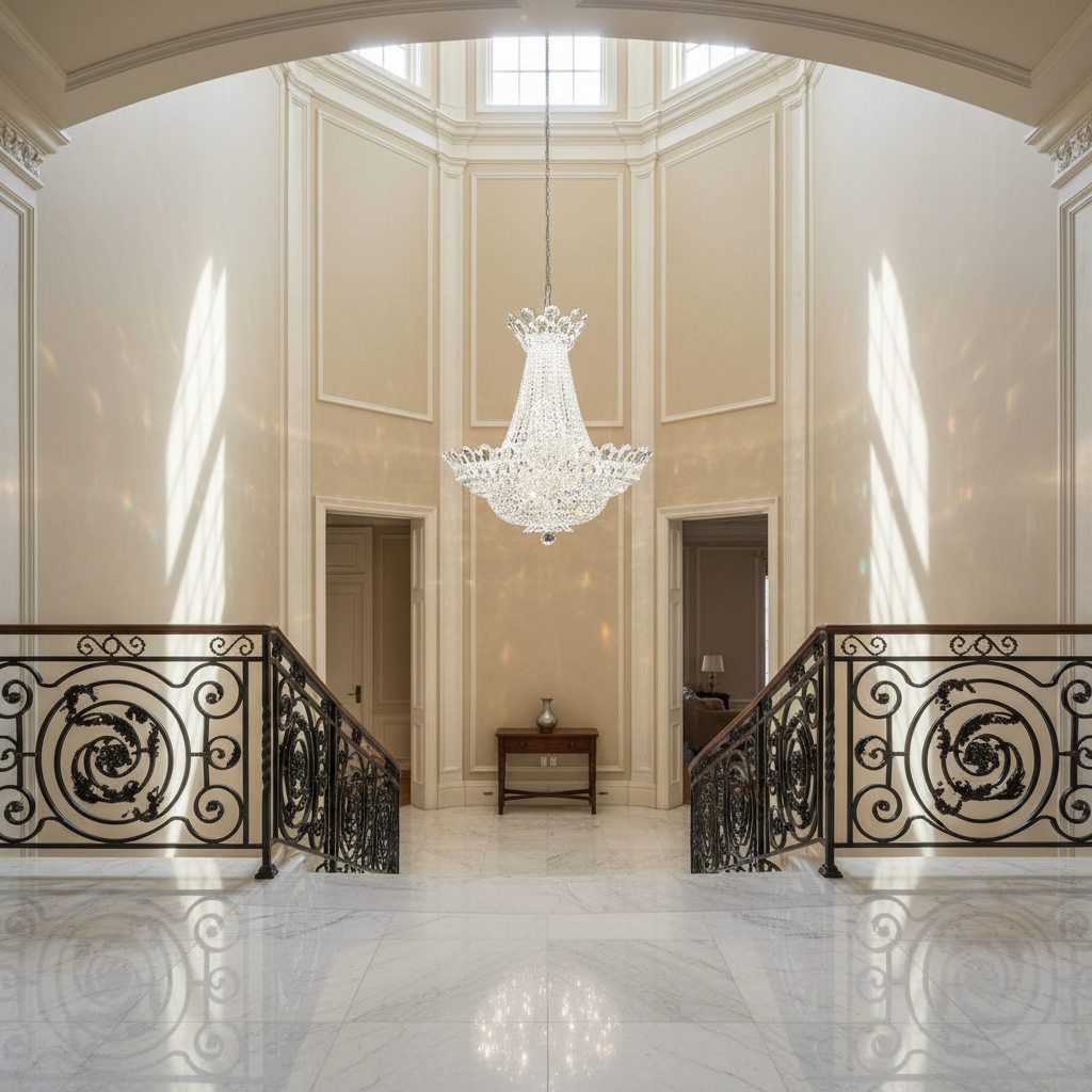 Luster Gaze Opulent Bloom Crystal Chandelier 28" - dramatic American stairwell with soaring ceiling