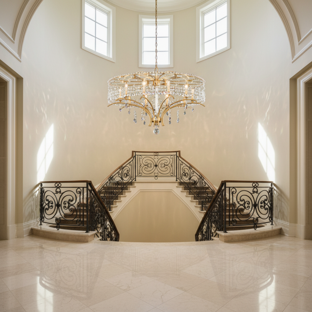 Luster Gaze Radiant Filigree 36" Chandelier - dramatic American stairwell with soaring ceiling