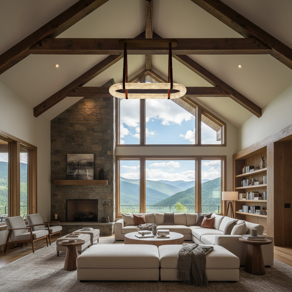 Luster Gaze Alabaster Grandeur Round Chandelier - American transitional great room with cathedral ceiling