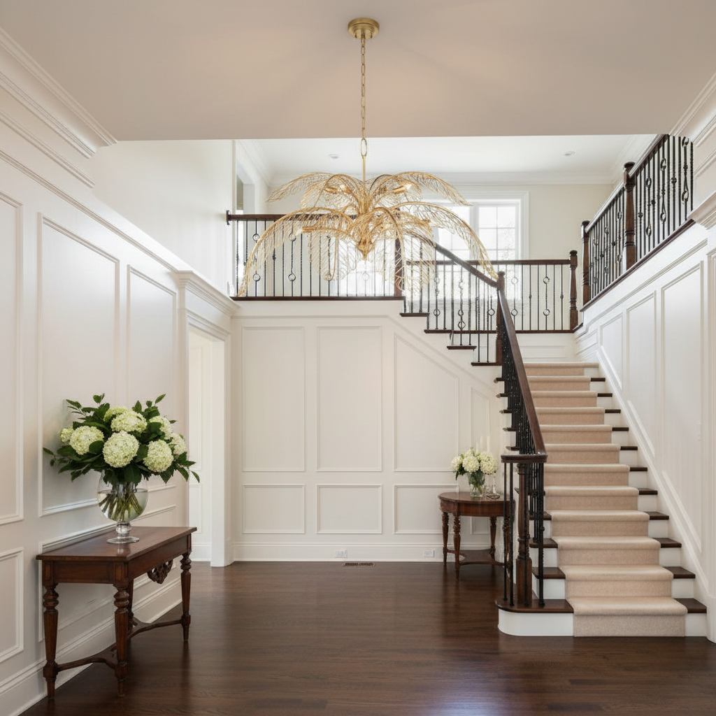 Luster Gaze Taormina Brass Chandelier - elegant American entryway with arched doorway