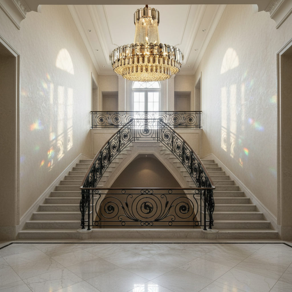 Luster Gaze Radiant Aura Crystal Chandelier - dramatic American stairwell with soaring ceiling