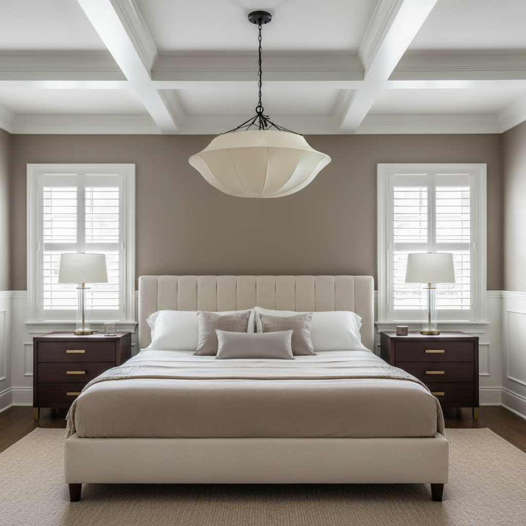 Luster Gaze Heritage Silk Canopy Chandelier - American master bedroom with coffered ceiling