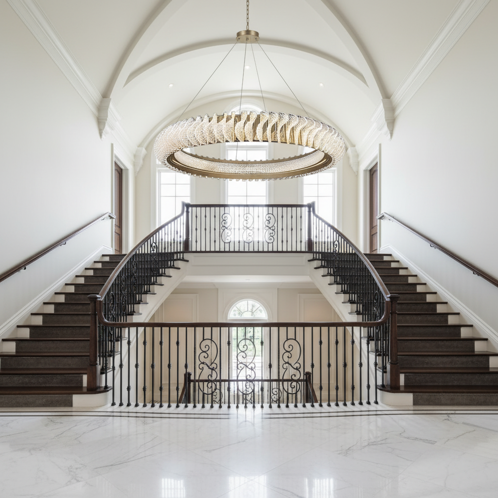 Luster Gaze Grand Luminous Ring Chandelier - dramatic American stairwell with soaring ceiling