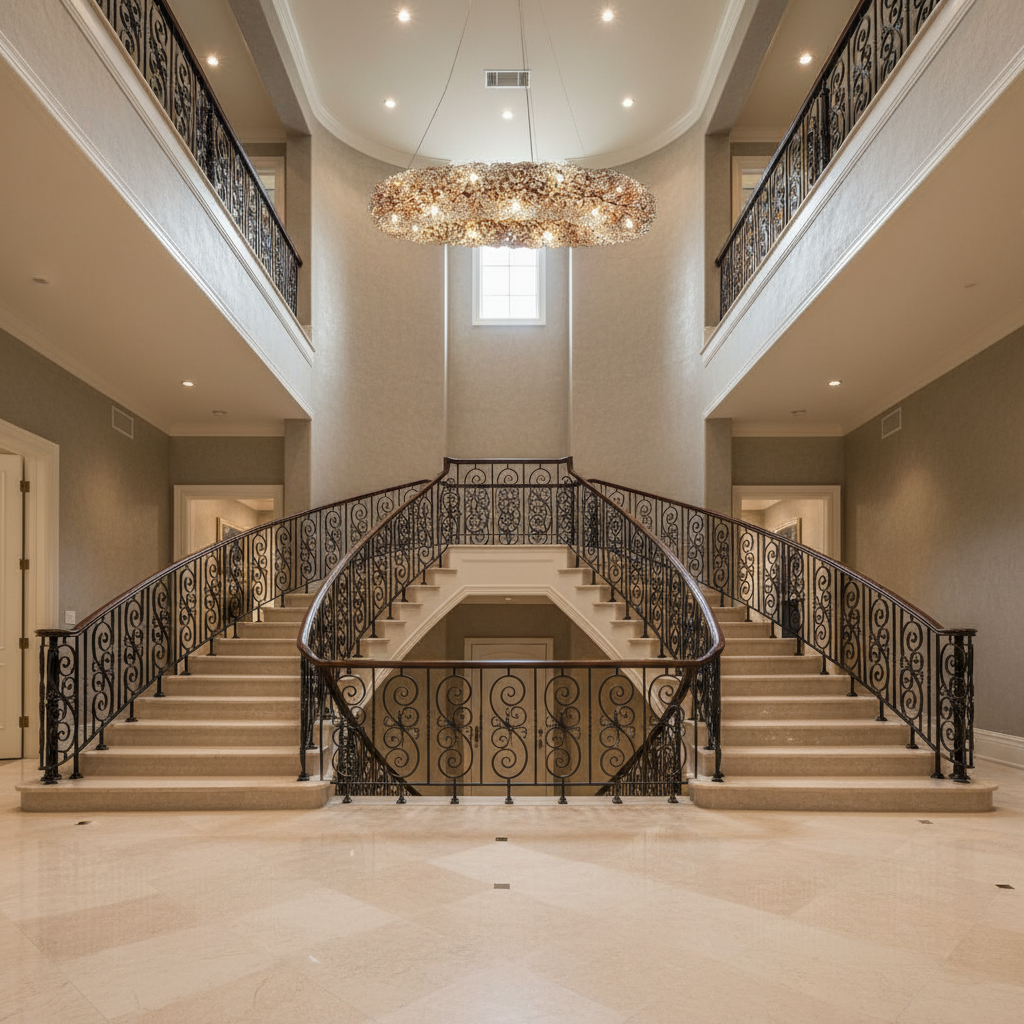 Luster Gaze Radiant Halo Crystal Ring Chandelier - dramatic American stairwell with soaring ceiling