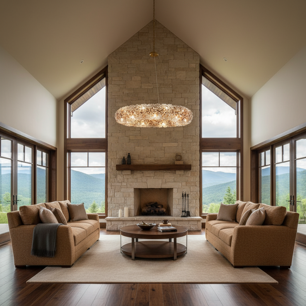 Luster Gaze Radiant Halo Crystal Ring Chandelier - American transitional great room with cathedral ceiling