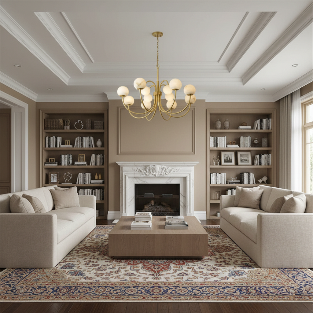 Luster Gaze Celestial Bloom Alabaster Radial Chandelier - luxurious American living room with tray ceiling