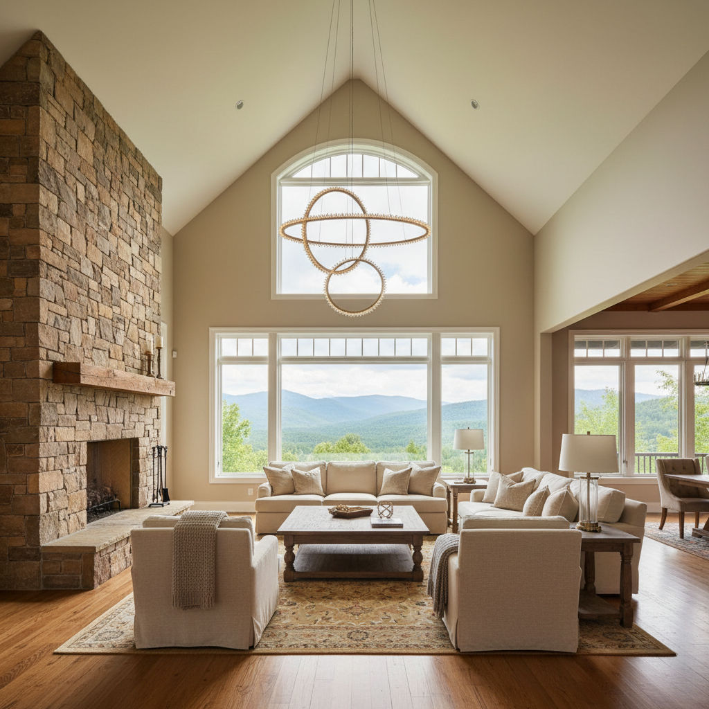Luster Gaze Radiant Halo Rock Crystal Ring Chandelier - American transitional great room with cathedral ceiling