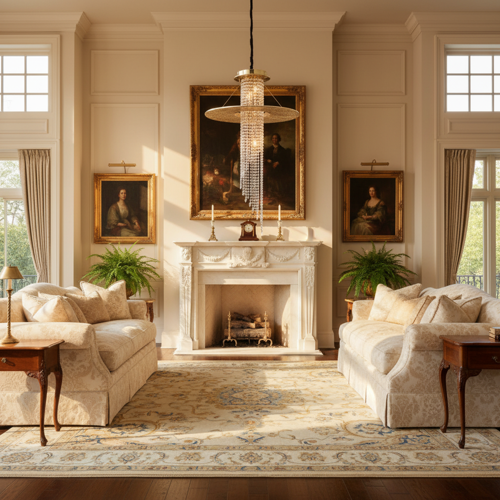 Luster Gaze Radiant Aura Brass Crystal Flushmount Chandelier - American formal living room with 12-foot ceilings