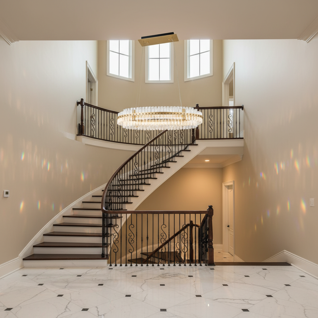 Luster Gaze LG Aquinox 2-Tier Oval Crystal Ring LED Chandelier - dramatic American stairwell with soaring ceiling