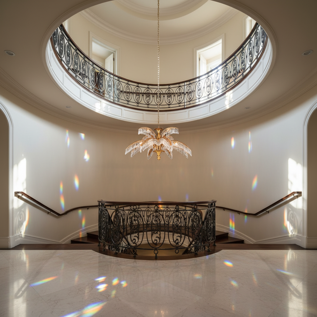 Luster Gaze Veridian Palm Crystal Chandelier - dramatic American stairwell with soaring ceiling