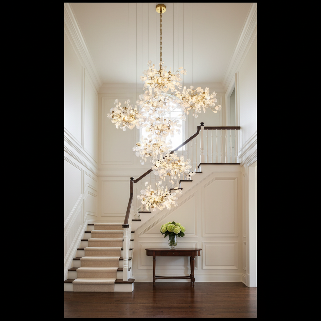 Luster Gaze Verdant Canopy Cascading Chandelier - elegant American entryway with arched doorway