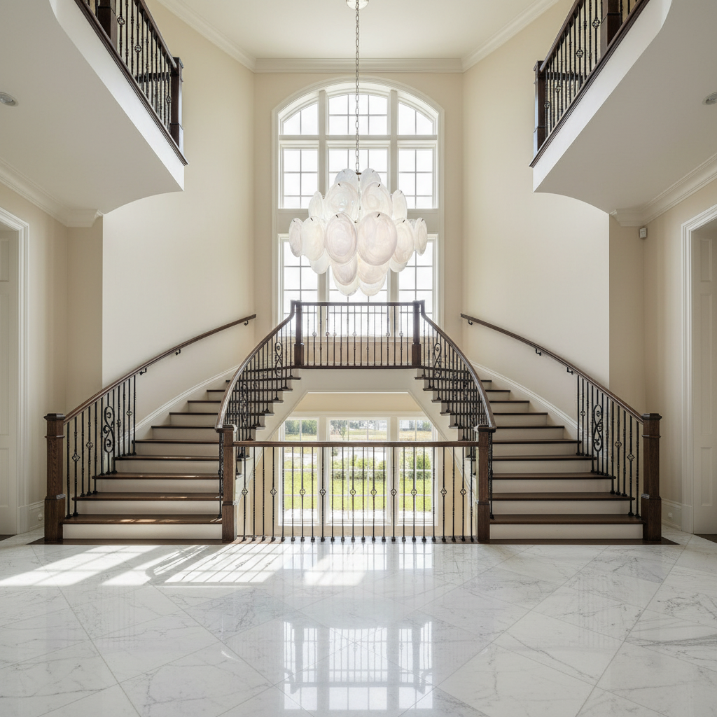 Luster Gaze Luminous Orb White Disc Chandelier - dramatic American stairwell with soaring ceiling