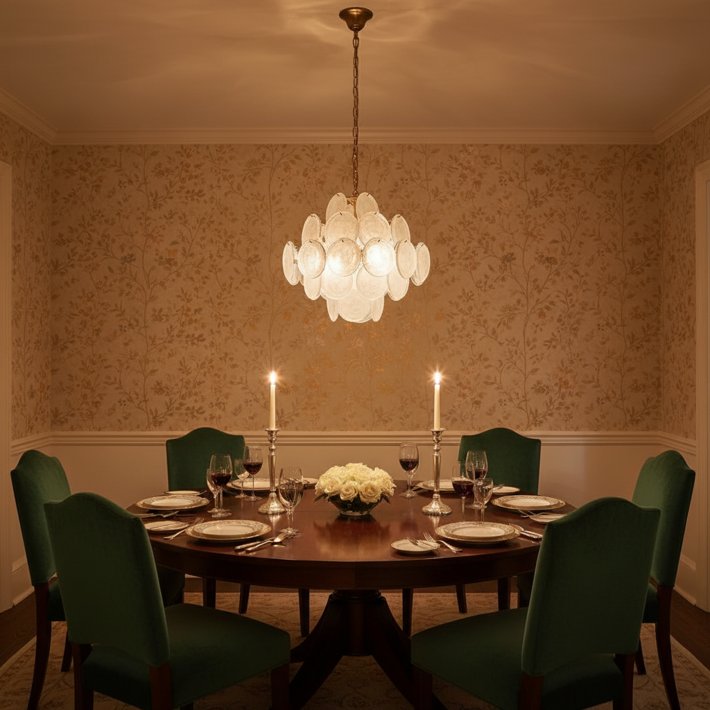 Luster Gaze Murano Chandelier 36 White Disks - formal American dining room