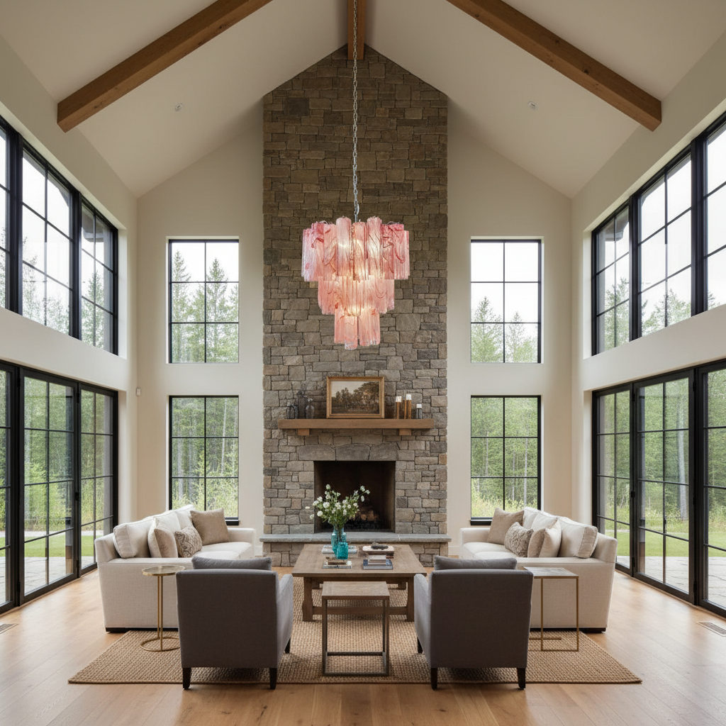 Luster Gaze Venetian Alabaster Bloom Chandelier - American transitional great room with cathedral ceiling