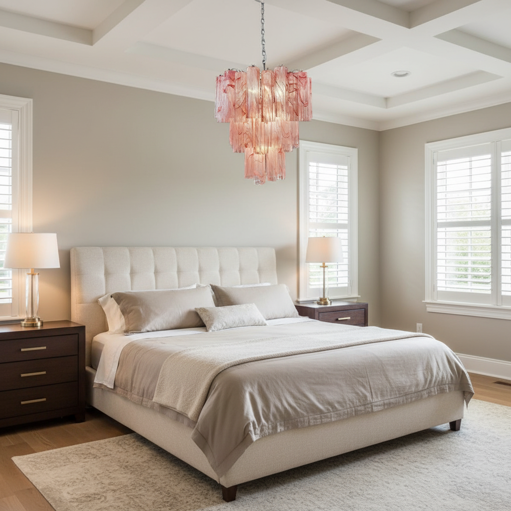 Luster Gaze Venetian Alabaster Bloom Chandelier - American master bedroom with coffered ceiling