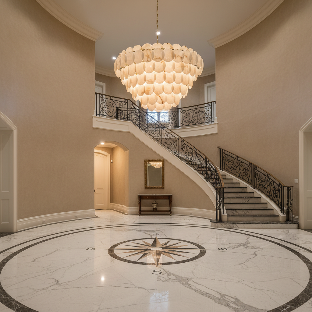 Luster Gaze Alabaster Radiance Round Chandelier - grand American foyer with two-story ceiling