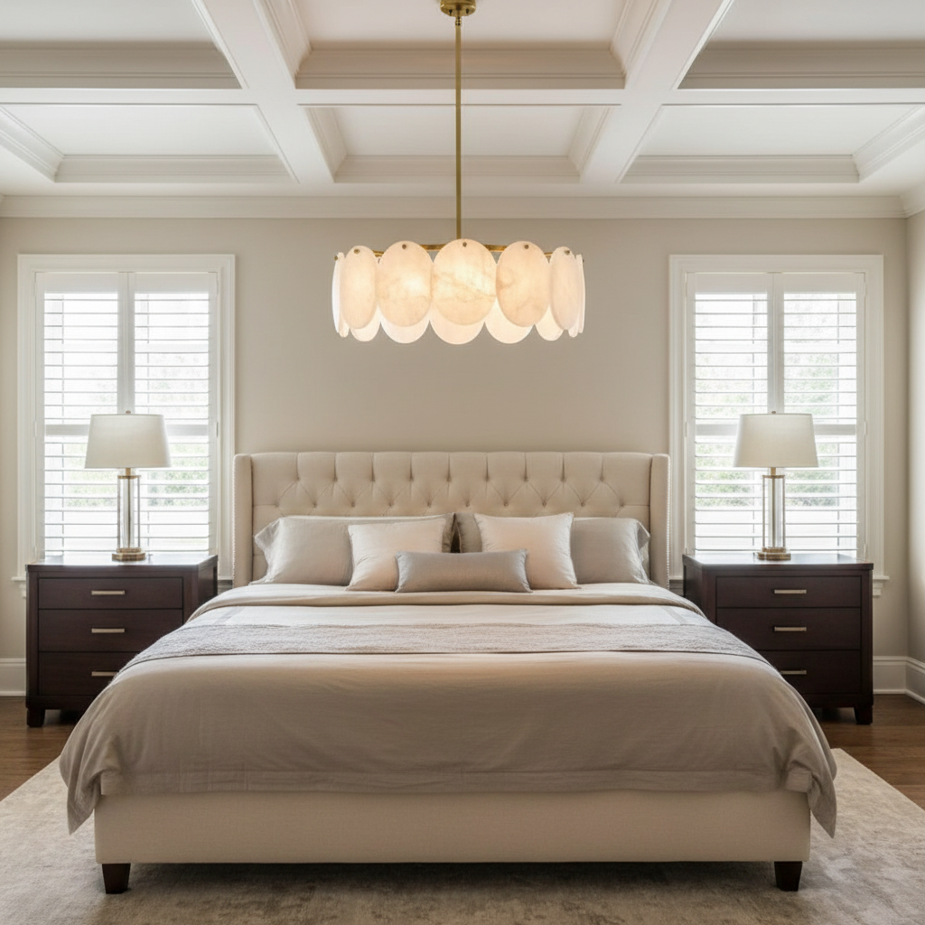 Luster Gaze Noah Multi-Layer Natural Alabaster Round Modern Chandelier 35''/43'' - American master bedroom with coffered ceiling