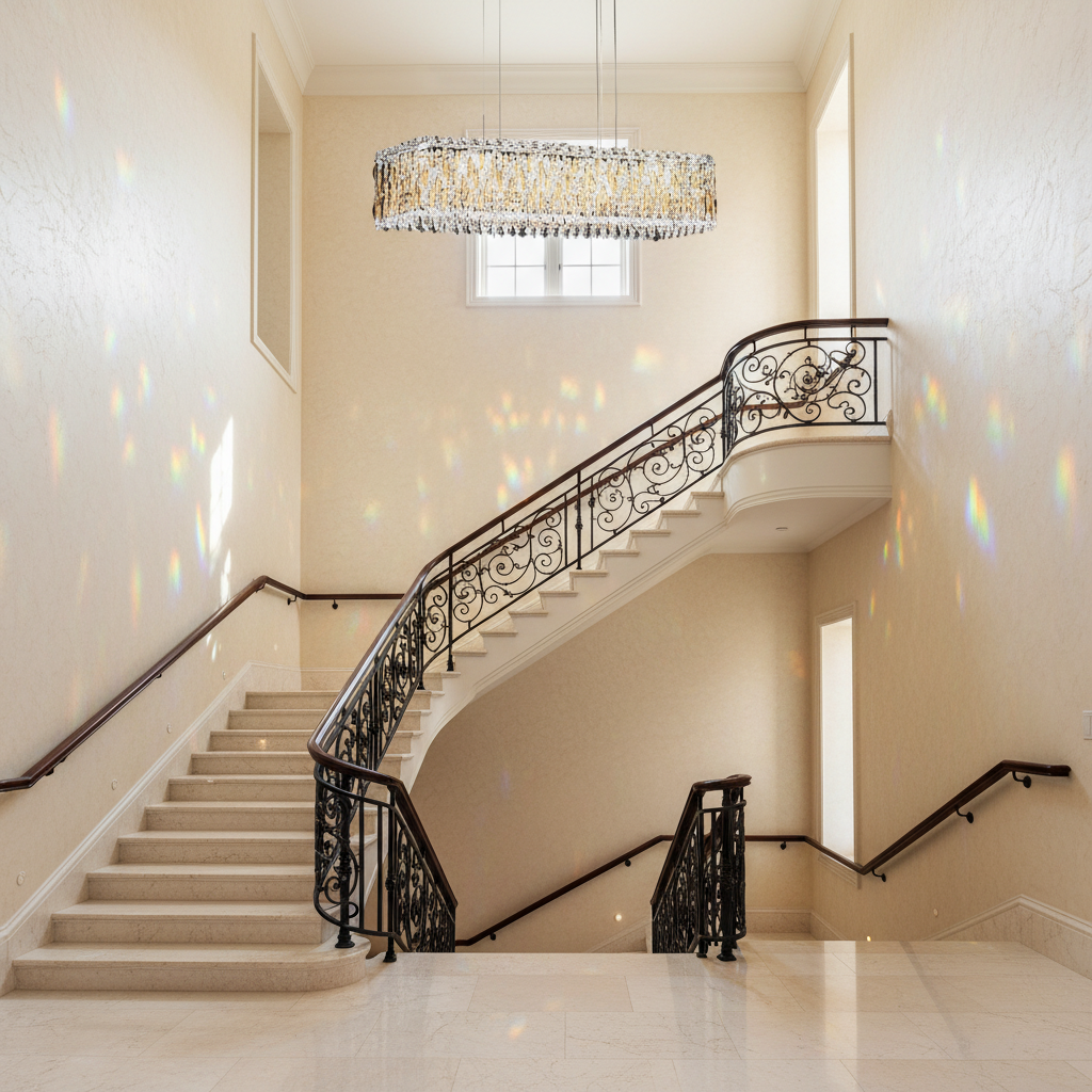 Luster Gaze Grand Lumina Rectangular Crystal Pendant Chandelier - dramatic American stairwell with soaring ceiling