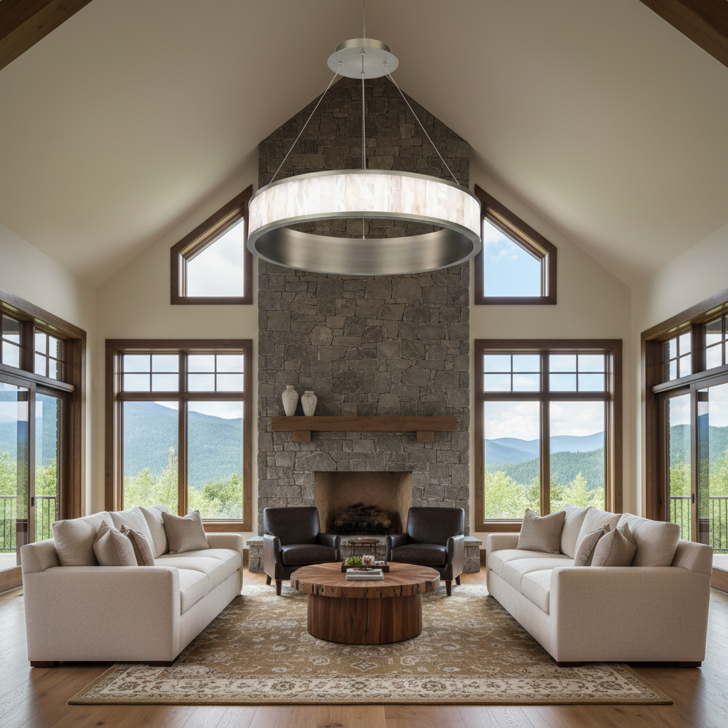 Luster Gaze Alabaster Round Ring LED Chandelier 28" - American transitional great room with cathedral ceiling