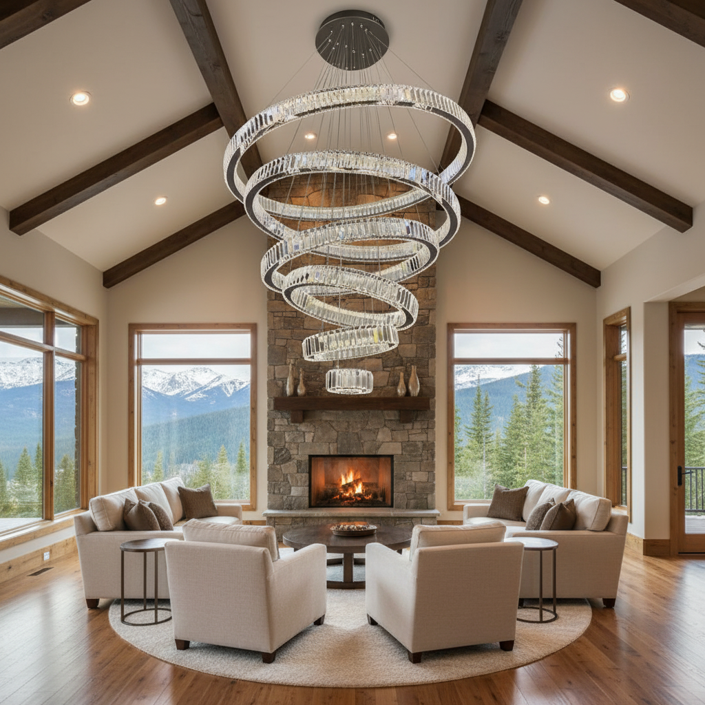 Luster Gaze Radiant Cascade Multi-Ring Chandelier - American transitional great room with cathedral ceiling