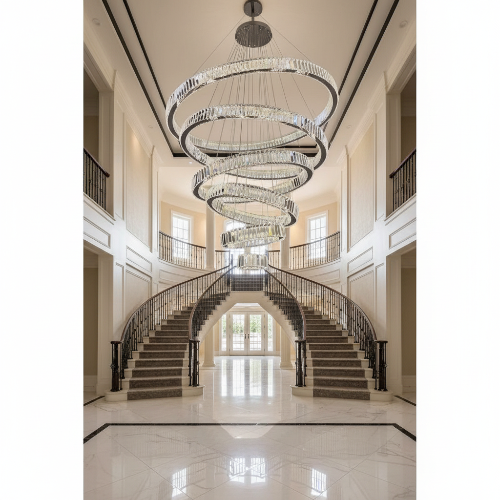 Luster Gaze Radiant Cascade Multi-Ring Chandelier - dramatic American stairwell with soaring ceiling