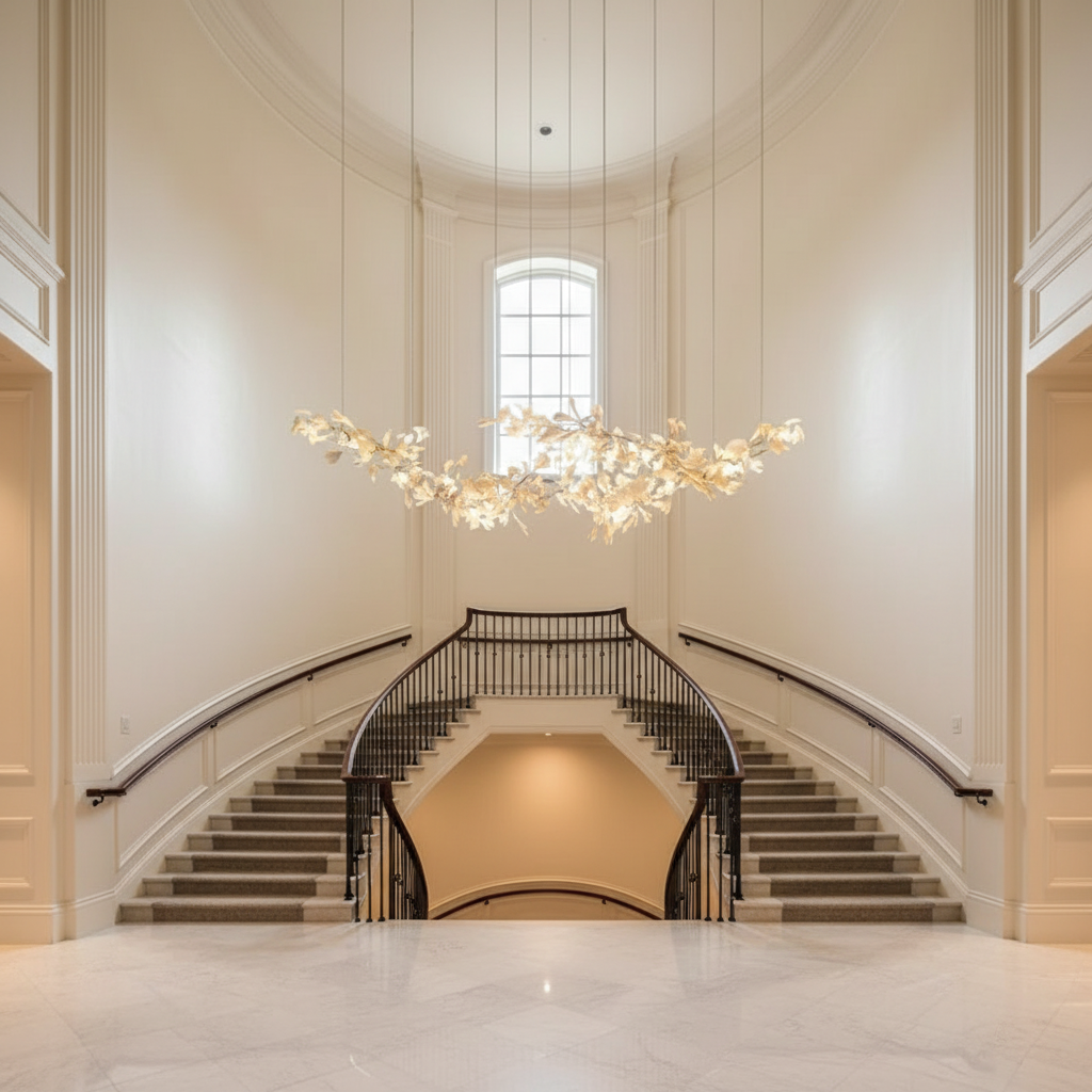 Luster Gaze Porcelain Bloom Branch Chandelier - dramatic American stairwell with soaring ceiling