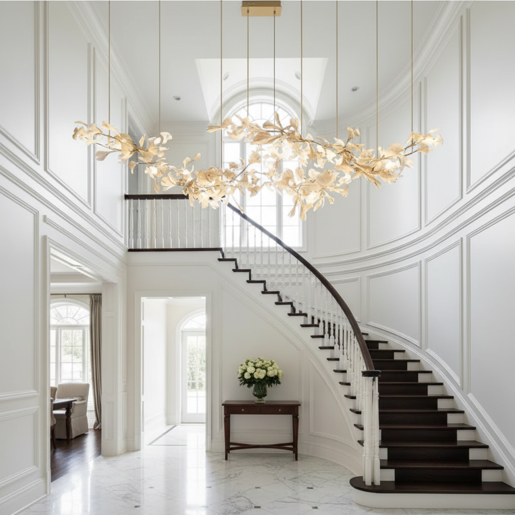 Luster Gaze Porcelain Bloom Branch Chandelier - elegant American entryway with arched doorway