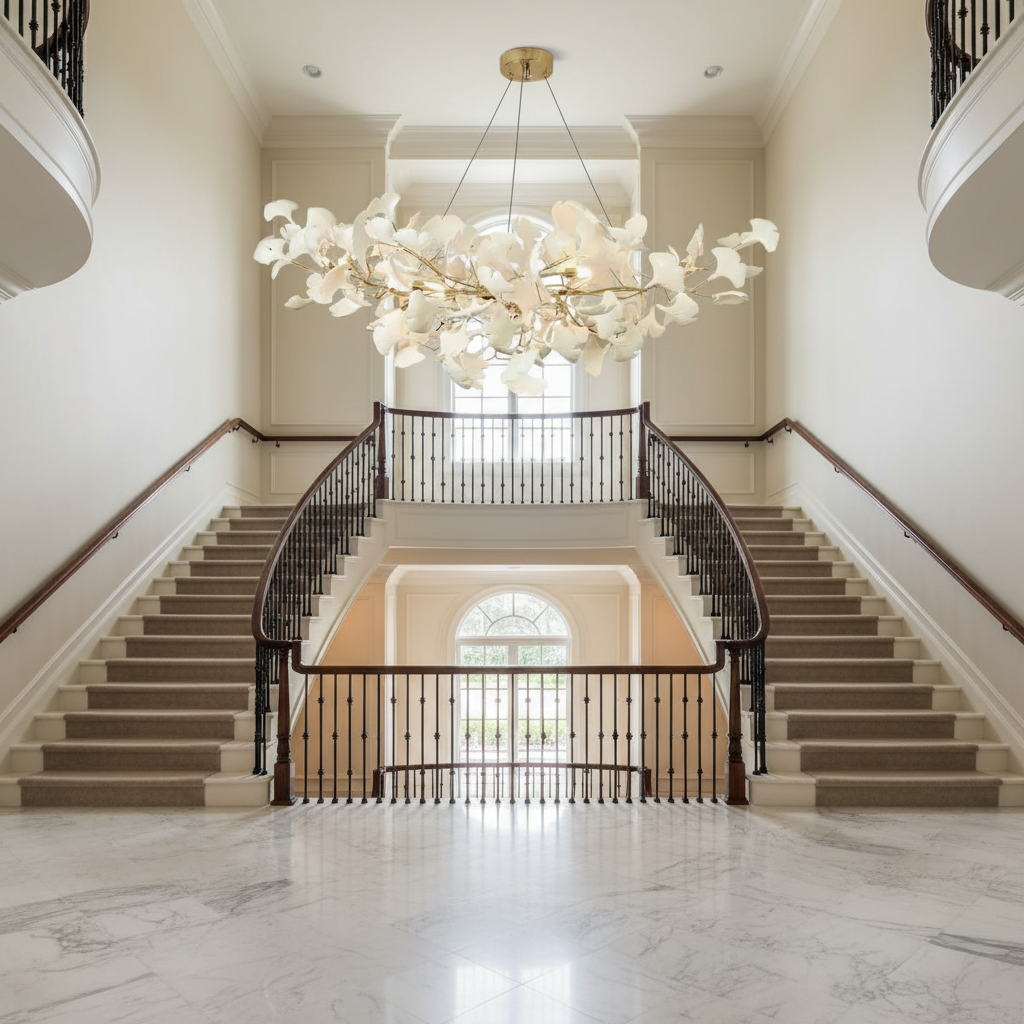 Luster Gaze Ginkgo Bloom Ceramic Chandelier - dramatic American stairwell with soaring ceiling