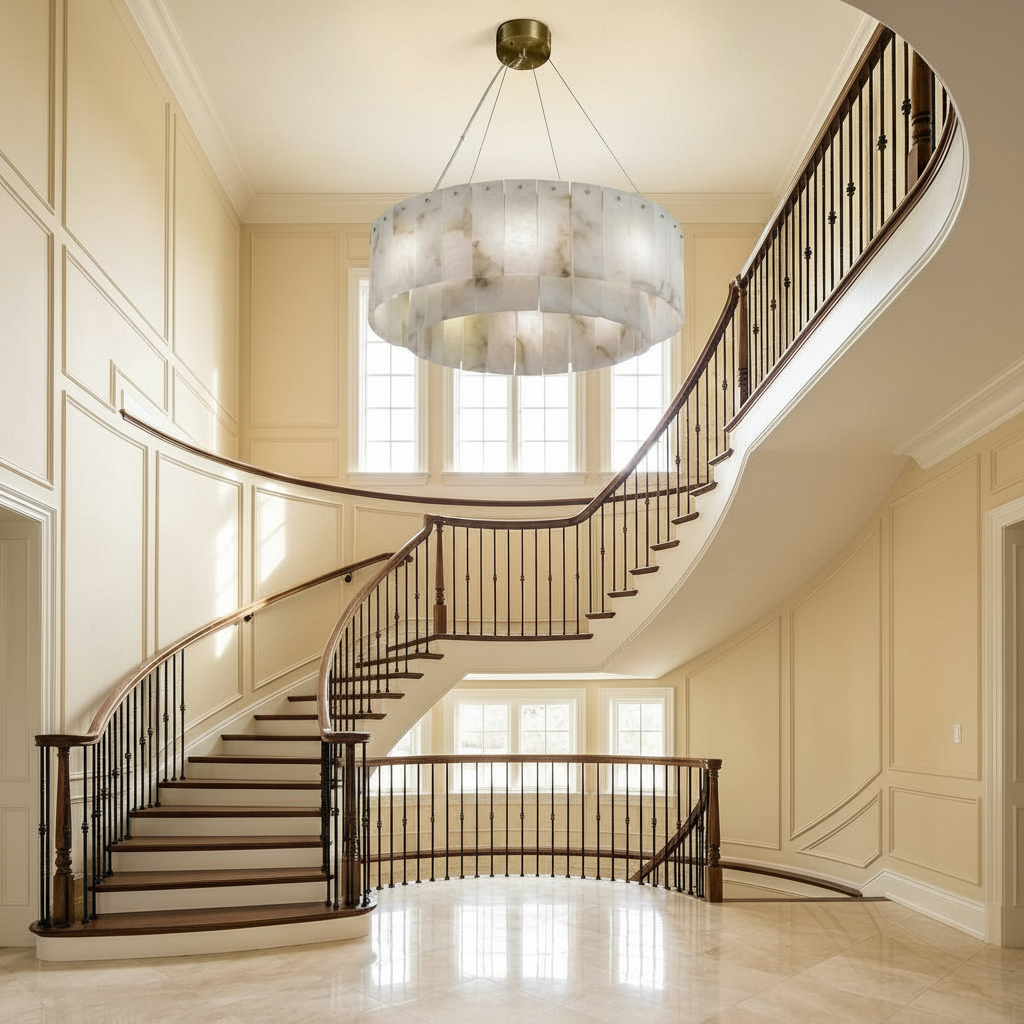 Luster Gaze Alabaster Radiance Round Chandelier - dramatic American stairwell with soaring ceiling