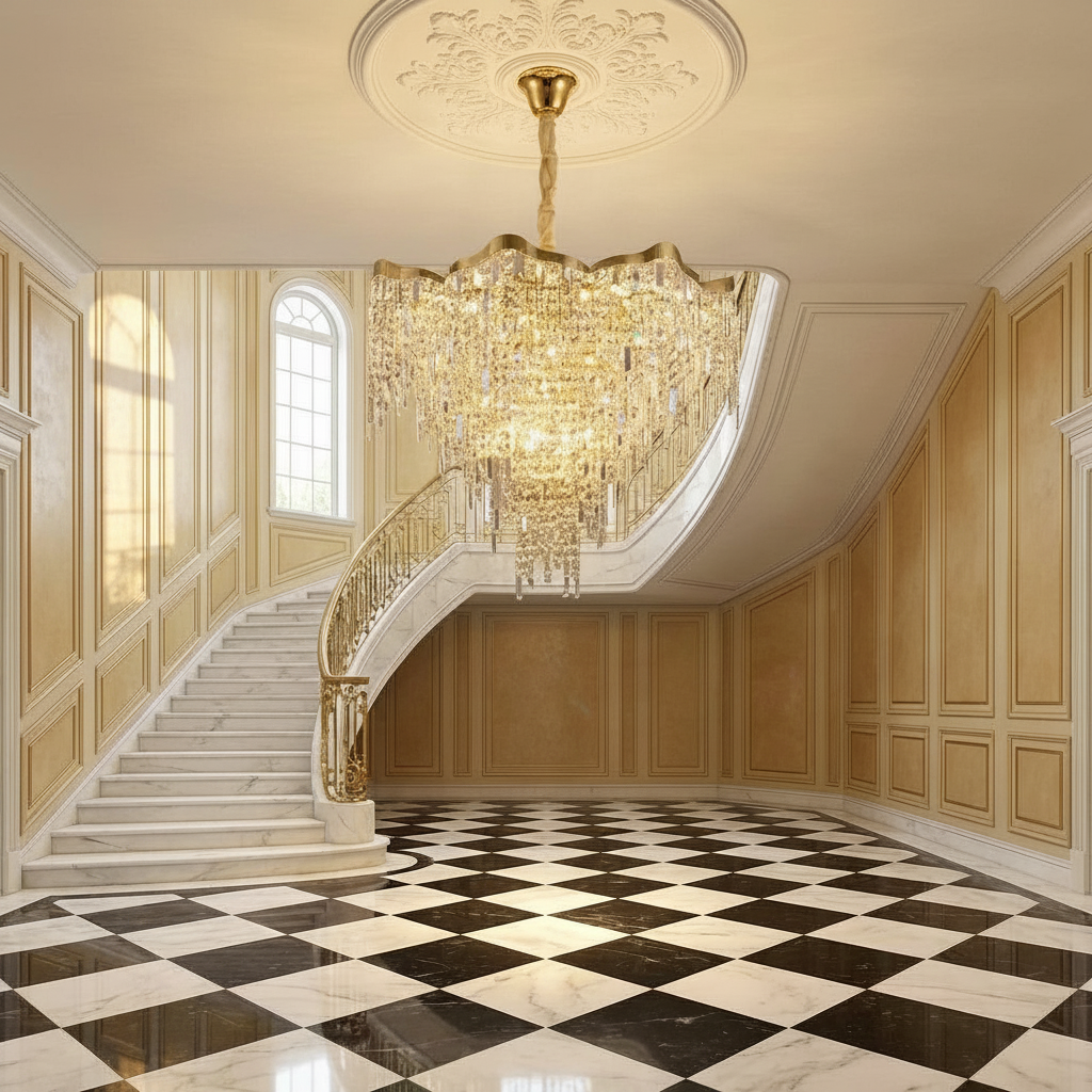 Luster Gaze Radiant Aura Round Crystal Chandelier - dramatic American stairwell with soaring ceiling