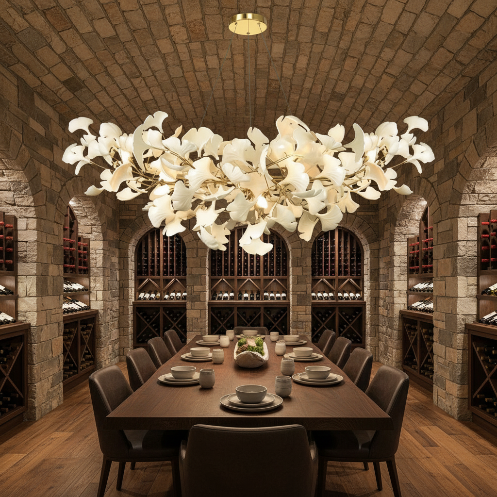 Luster Gaze Ginkgo Bloom Linear Chandelier - elegant American wine cellar dining room