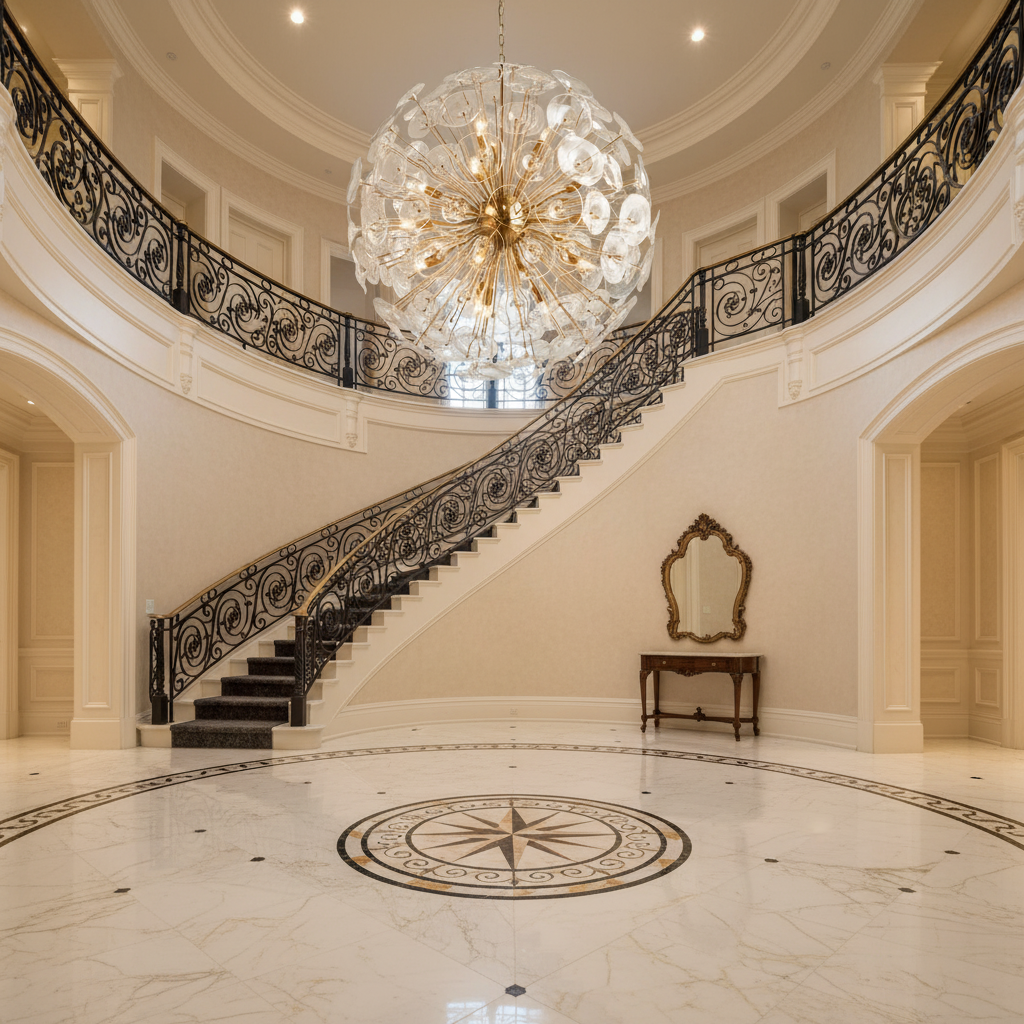 Luster Gaze Bloom Radiance Round Chandelier - grand American foyer with two-story ceiling